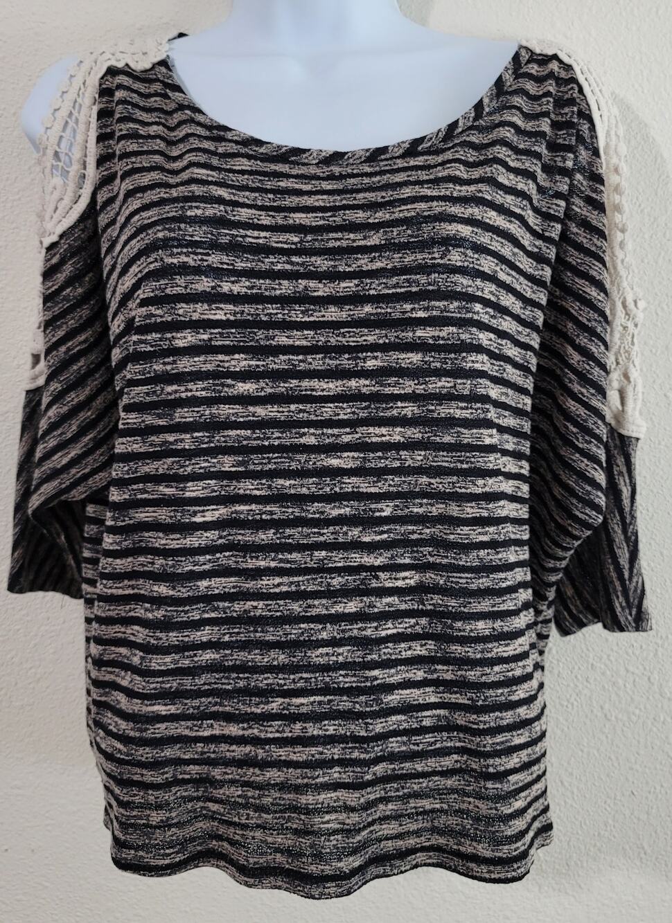 Teenbell Brown Black Striped Cold Shoulder Crochet Top Large Bat Wing Sleeves